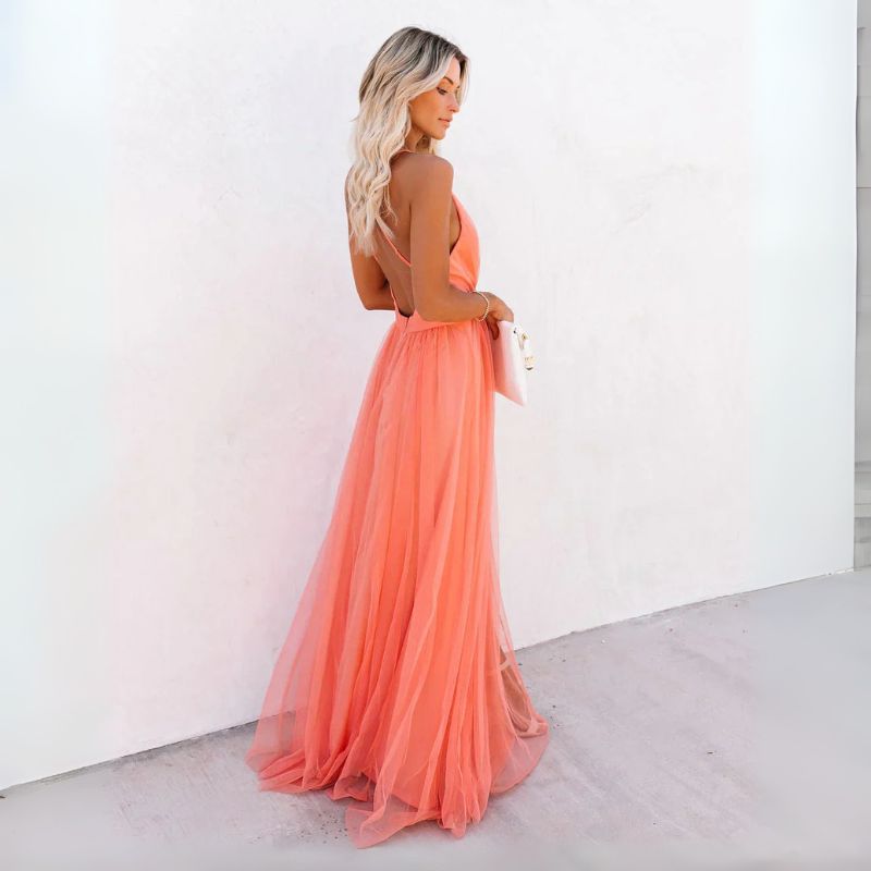 Women's Sleeveless V Neck Tulle Maxi – Spaghetti Strap Wedding Guest Dress