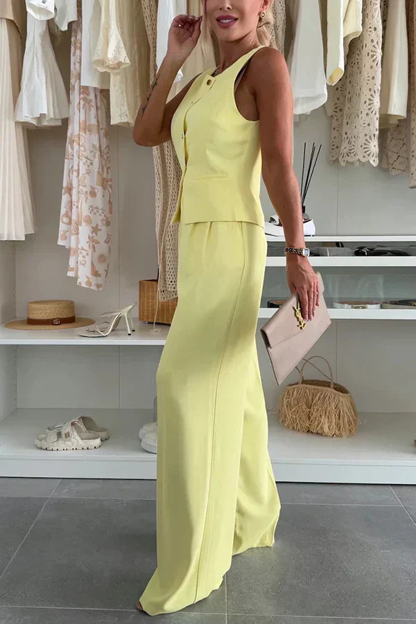 Women's Sleeveless Vest and Wide Leg Pants – Button Front Tailored 2 Piece Set