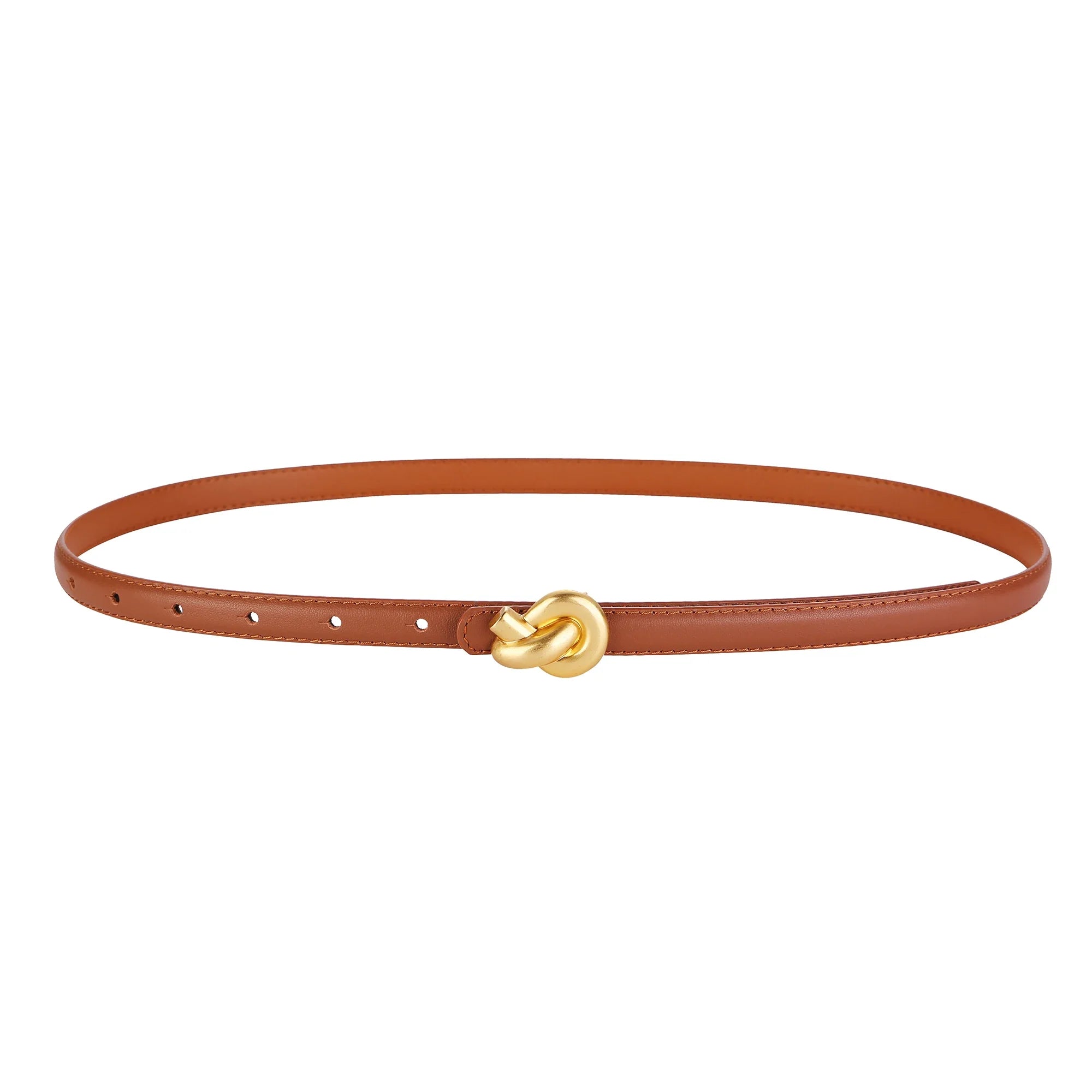 Women's Slim Faux Leather Belt – Knot Buckle Topstitched Everyday Office