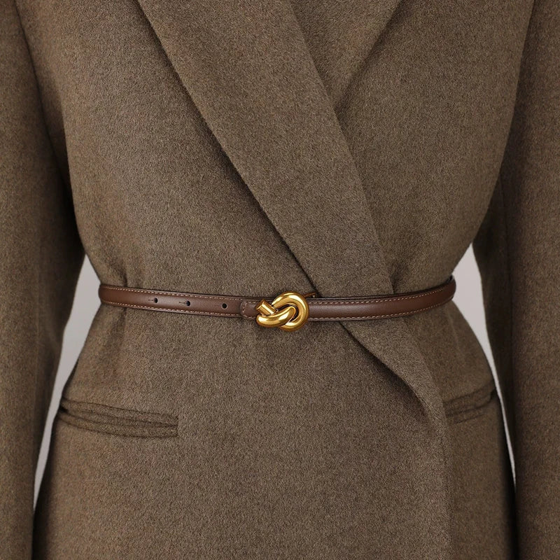 Women's Slim Faux Leather Belt – Knot Buckle Topstitched Everyday Office