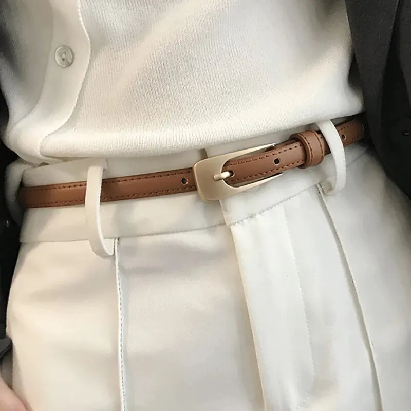 Women's Slim Faux Leather Belt – Pin Buckle Stitched Everyday Casual