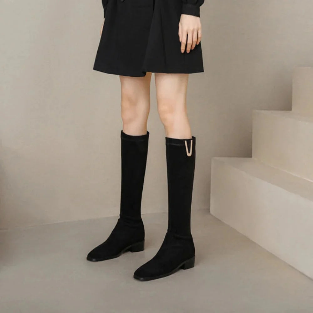 Women's Slip On Knee High Boots – Round Toe Block Heel V Tab Casual Winter
