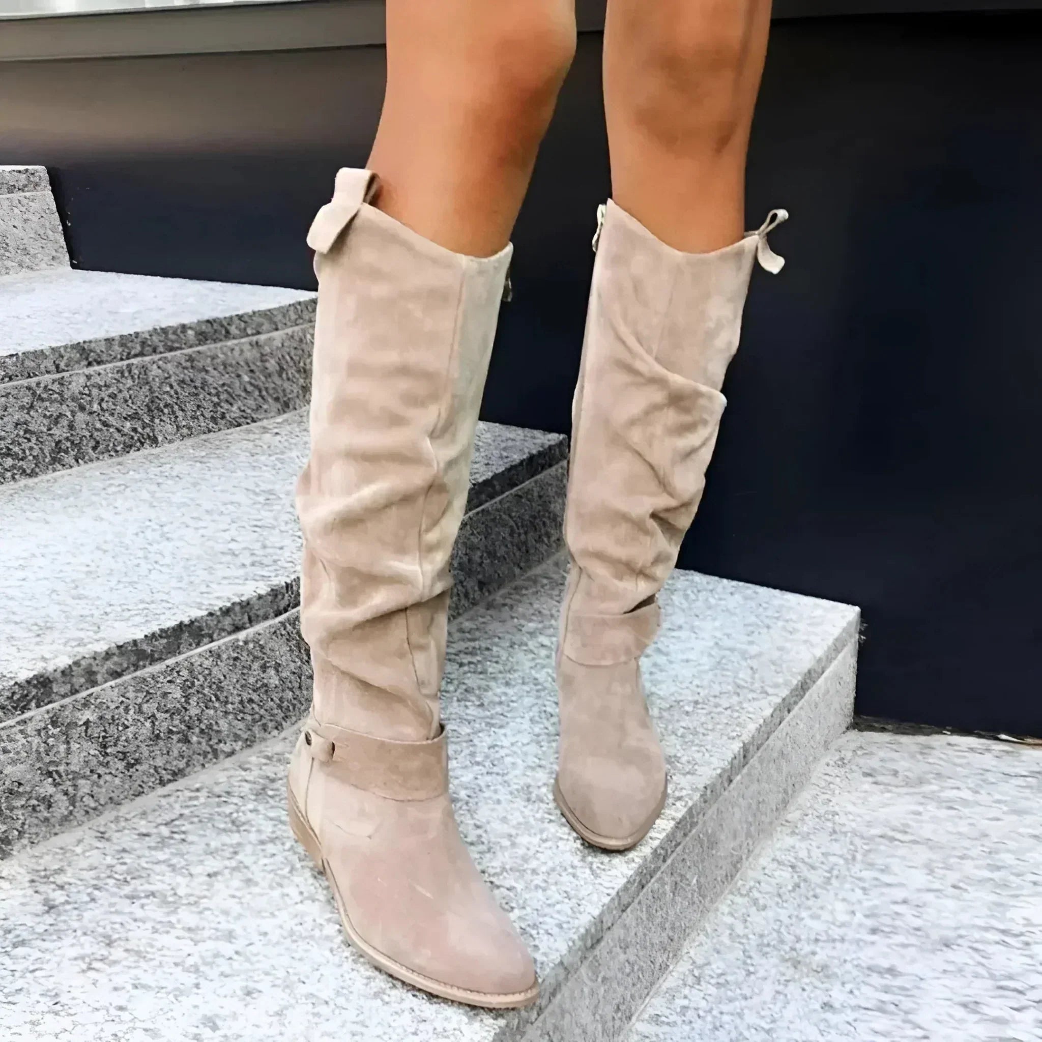 Women's Slouch Knee High Boots – Round Toe Flat Heel Strap Tab Casual Winter