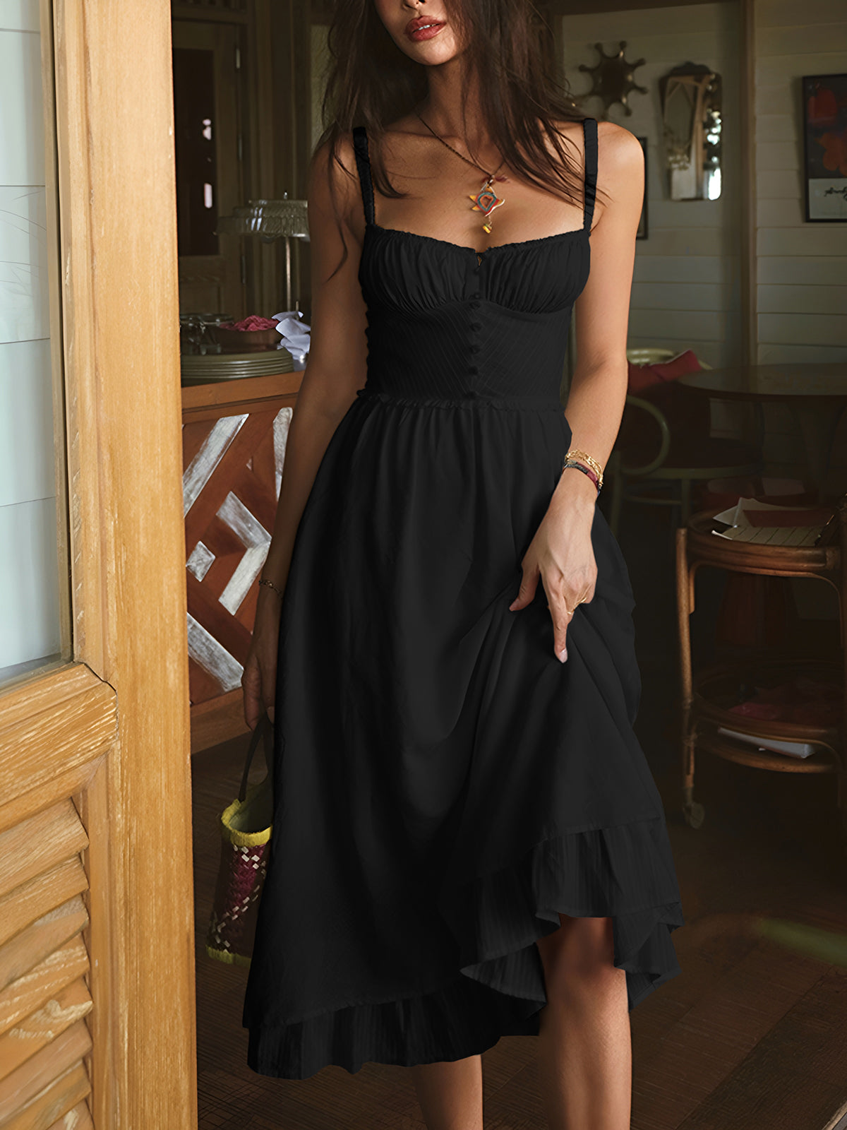 Women's Smocked Spaghetti Strap Midi – Ruffle Hem Button Front Summer Dress