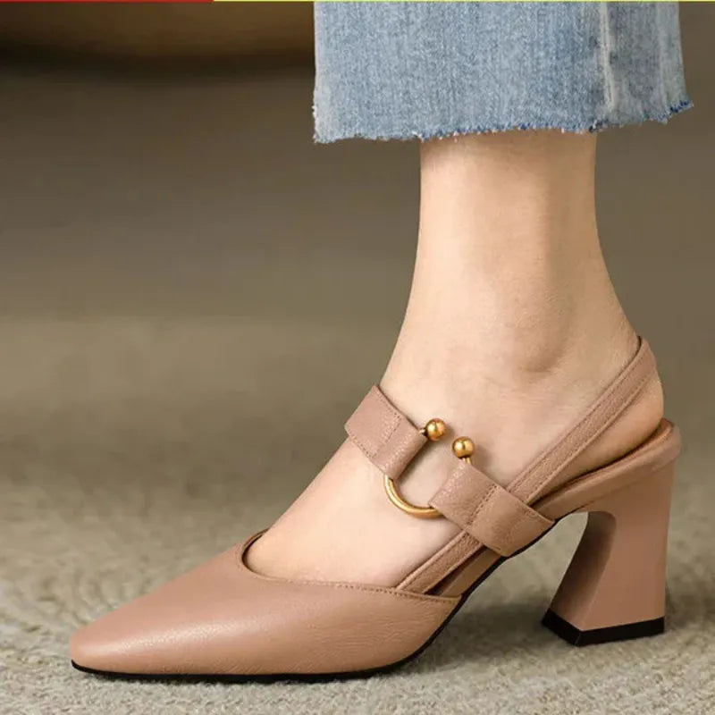Women's Solid Pointed Toe Heels – Ankle Buckle Strap Block Heel Dress Shoes
