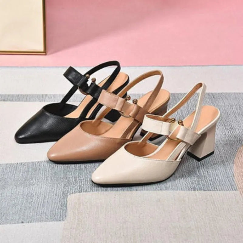 Women's Solid Pointed Toe Heels – Ankle Buckle Strap Block Heel Dress Shoes