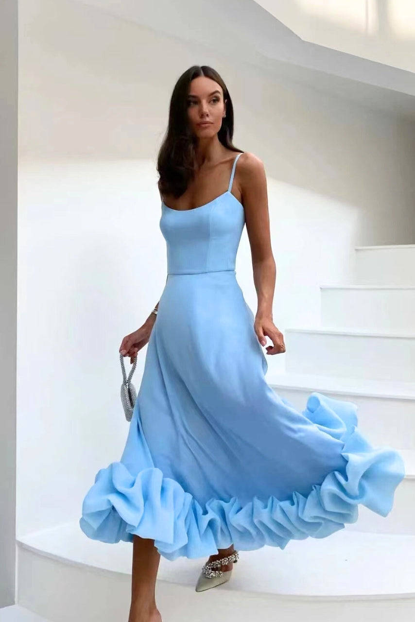 Women's Solid Spaghetti Strap Midi – Scoop Neck Ruffle Hem Wedding Guest Dress
