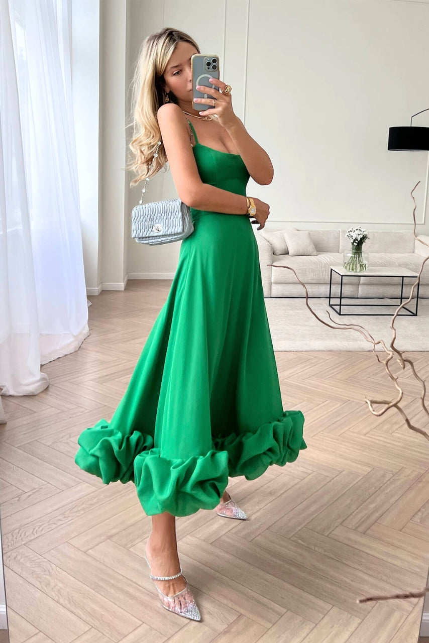 Women's Solid Spaghetti Strap Midi – Scoop Neck Ruffle Hem Wedding Guest Dress