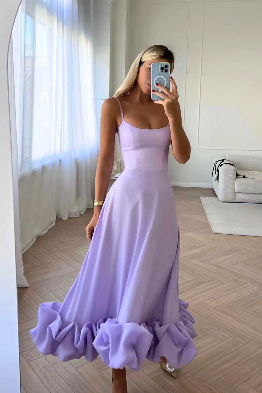 Women's Solid Spaghetti Strap Midi – Scoop Neck Ruffle Hem Wedding Guest Dress