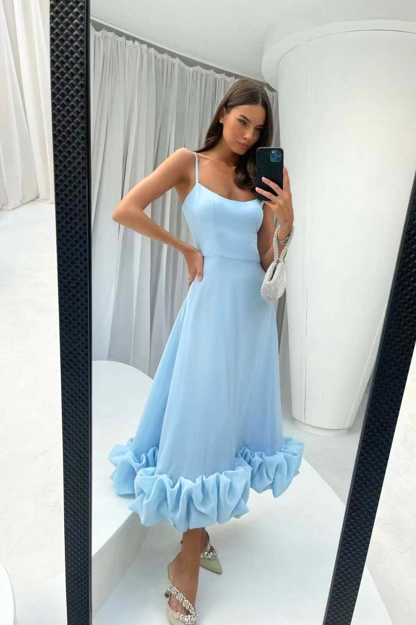 Women's Solid Spaghetti Strap Midi – Scoop Neck Ruffle Hem Wedding Guest Dress