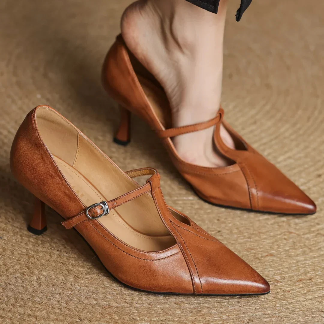 Women's Solid T-Strap Pointed Toe Pumps – Panelled Upper Slim Heel Dress Shoes