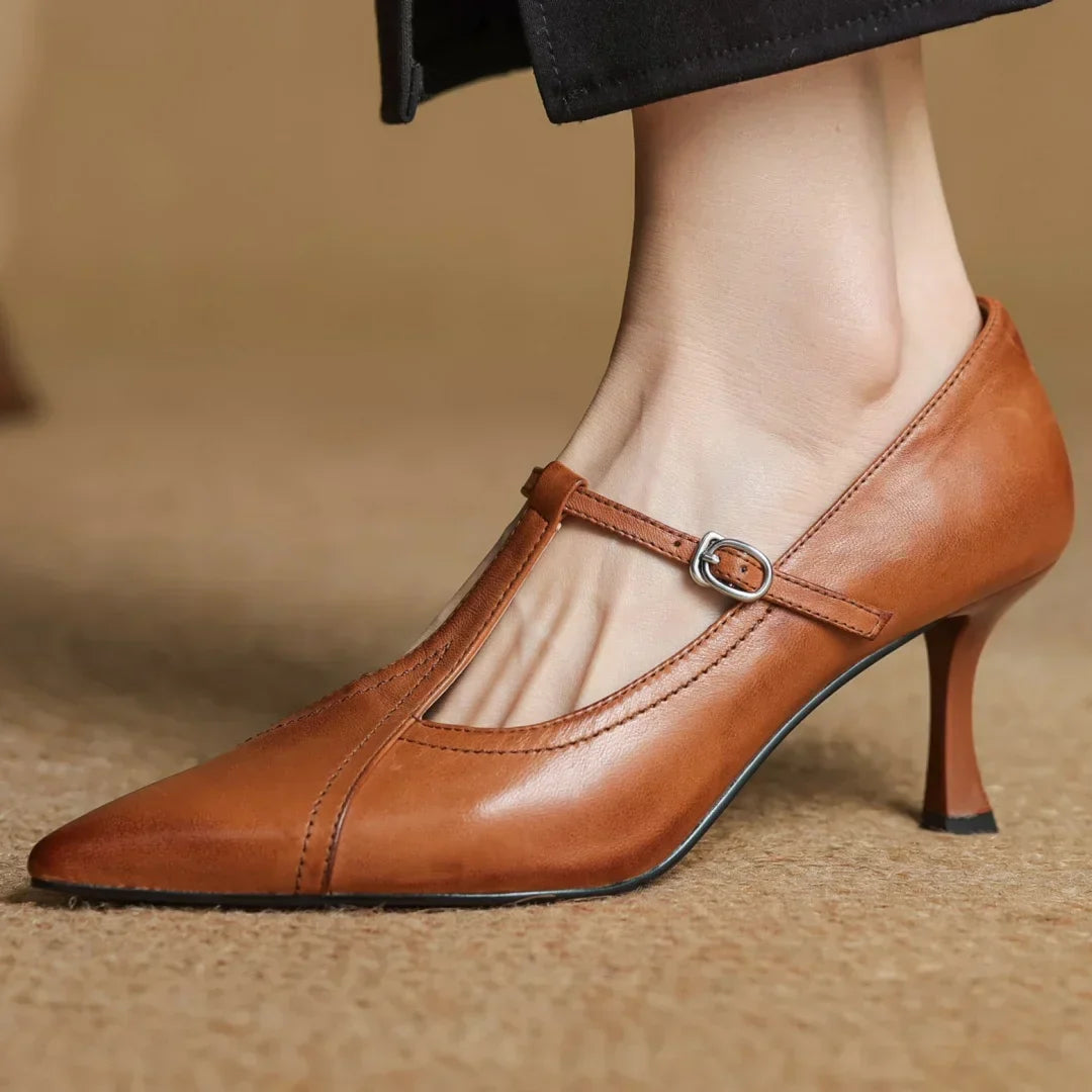 Women's Solid T-Strap Pointed Toe Pumps – Panelled Upper Slim Heel Dress Shoes