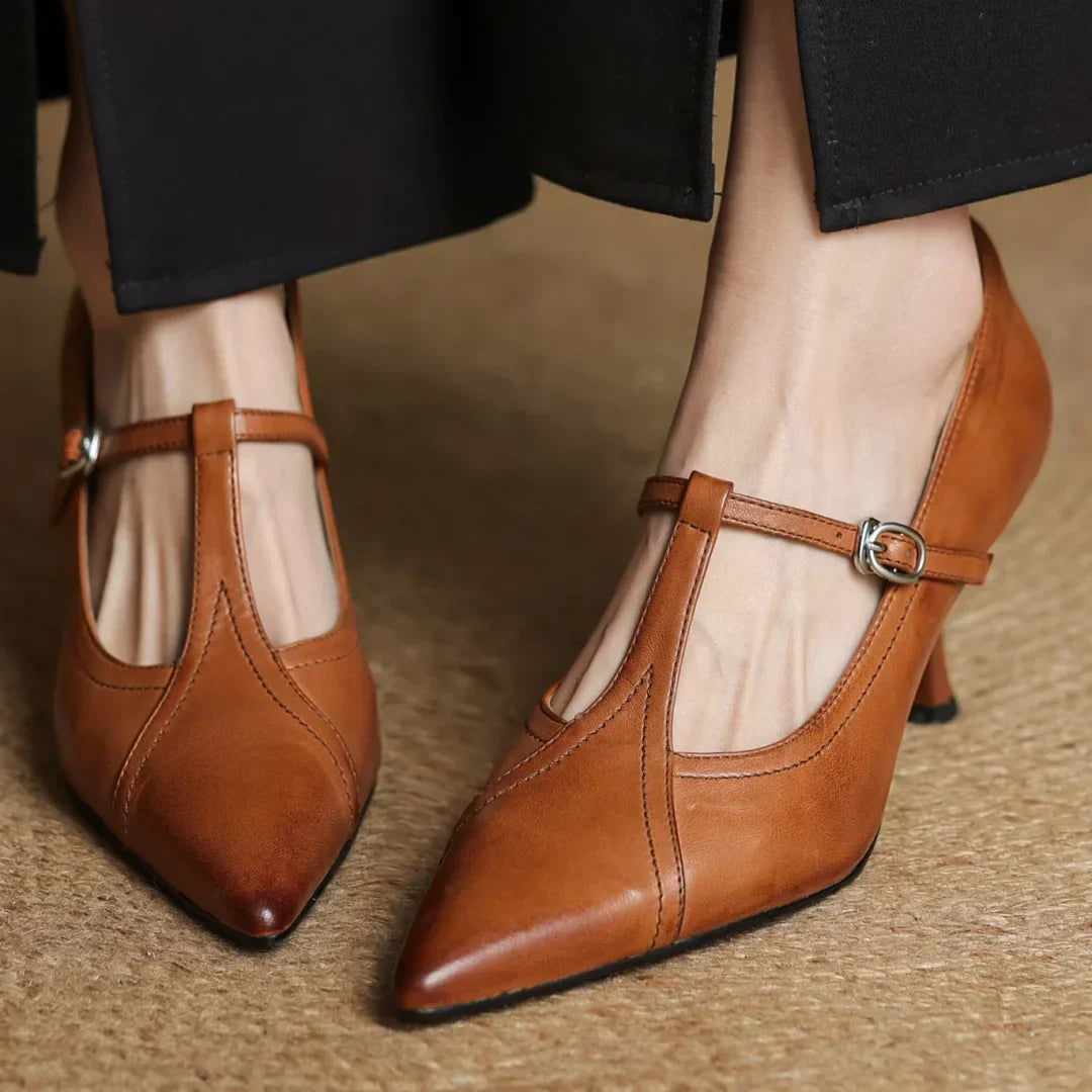 Women's Solid T-Strap Pointed Toe Pumps – Panelled Upper Slim Heel Dress Shoes