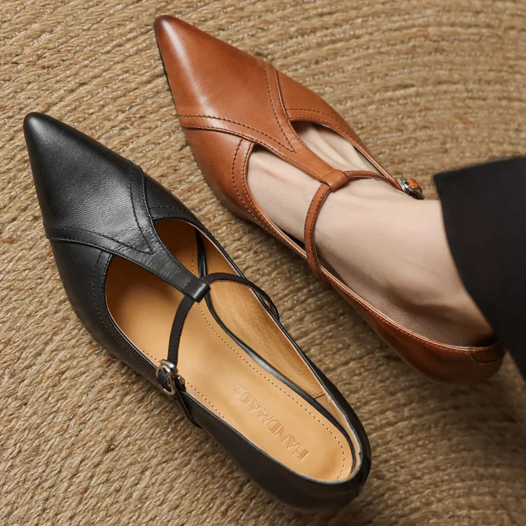 Women's Solid T-Strap Pointed Toe Pumps – Panelled Upper Slim Heel Dress Shoes