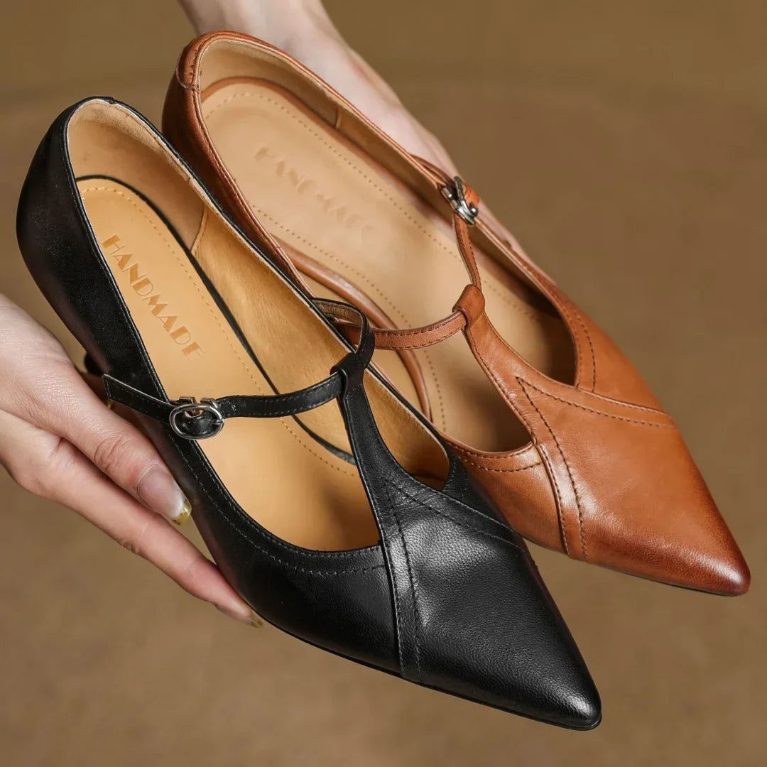 Women's Solid T-Strap Pointed Toe Pumps – Panelled Upper Slim Heel Dress Shoes