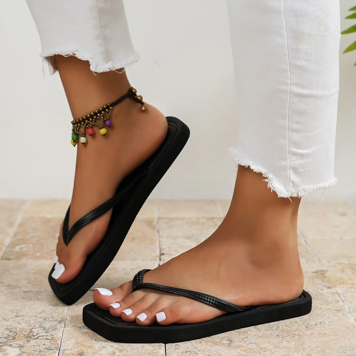 Women's Square Toe Flip Flops – Flat Thong Strap Open Toe Beach Summer
