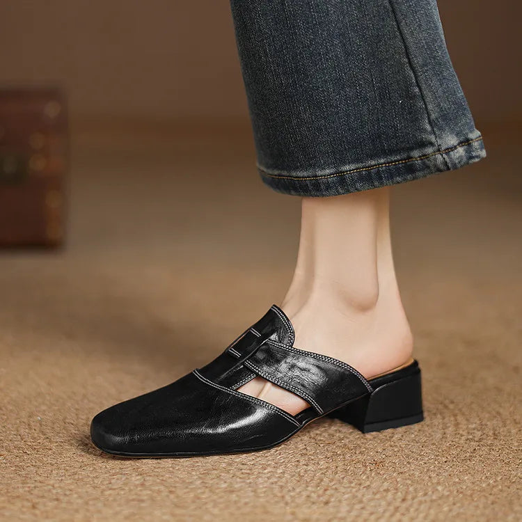 Women's Square Toe Mule Shoes – Block Heel H Strap Cutout Smart Casual