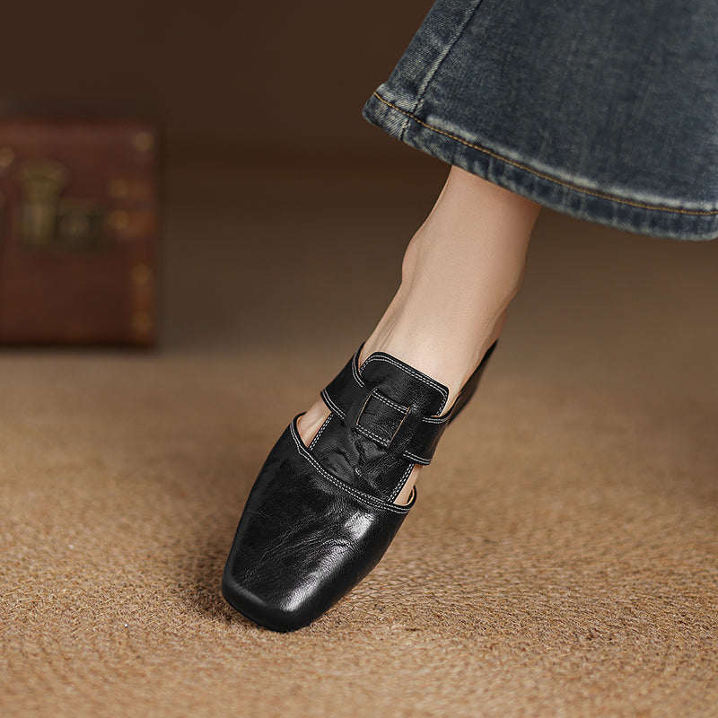 Women's Square Toe Mule Shoes – Block Heel H Strap Cutout Smart Casual