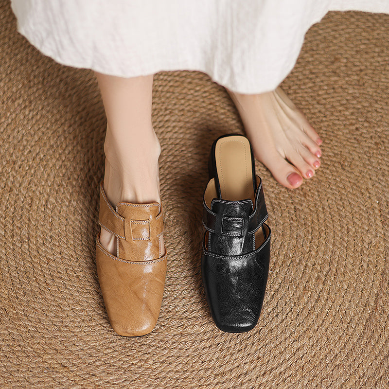 Women's Square Toe Mule Shoes – Block Heel H Strap Cutout Smart Casual