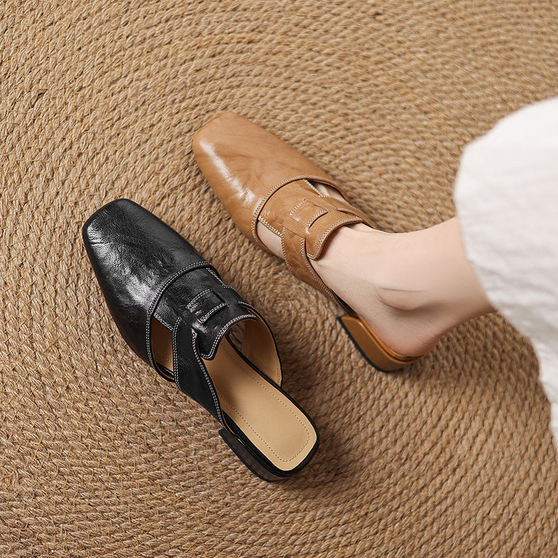 Women's Square Toe Mule Shoes – Block Heel H Strap Cutout Smart Casual