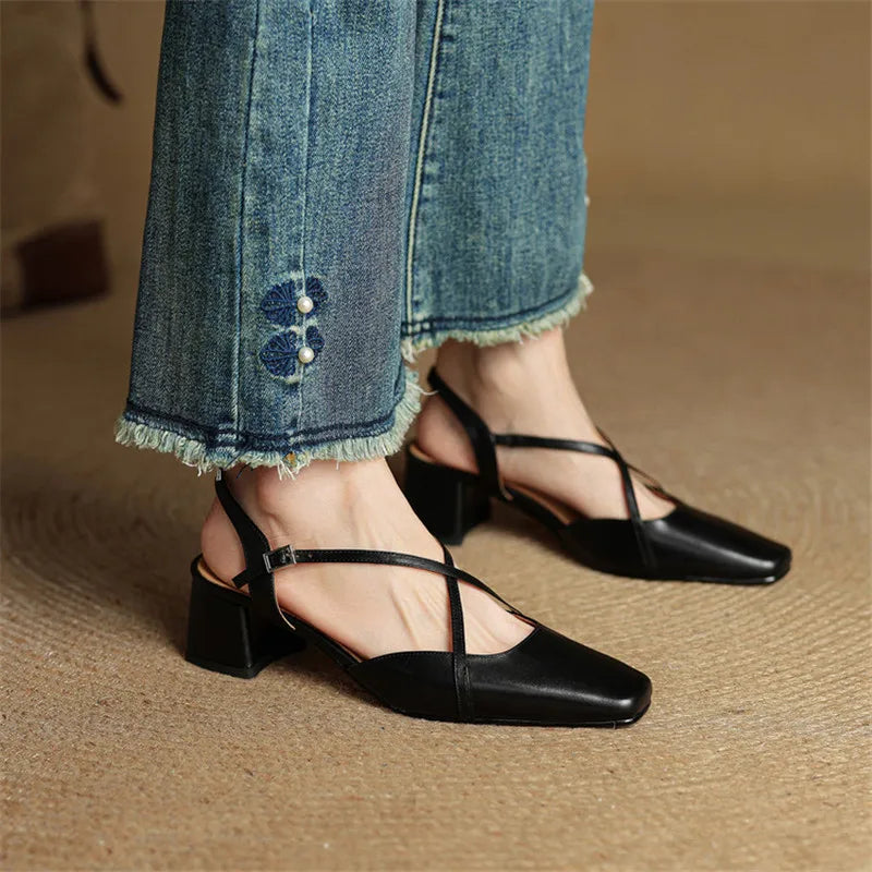 Women's Square Toe Slingback – Cross Strap Block Heel Office Work Shoes