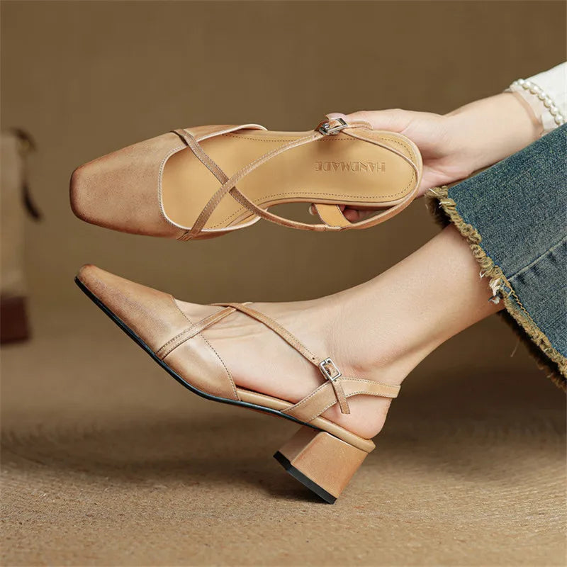 Women's Square Toe Slingback – Cross Strap Block Heel Office Work Shoes