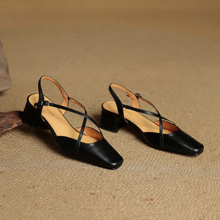 Women's Square Toe Slingback – Cross Strap Block Heel Office Work Shoes