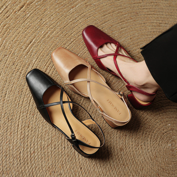 Women's Square Toe Slingback – Cross Strap Block Heel Office Work Shoes