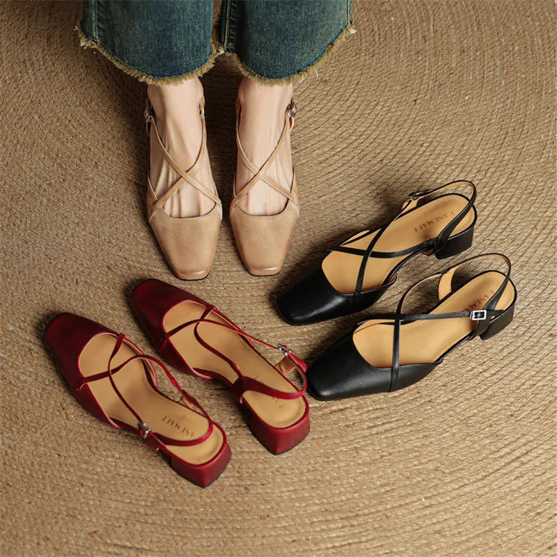 Women's Square Toe Slingback – Cross Strap Block Heel Office Work Shoes