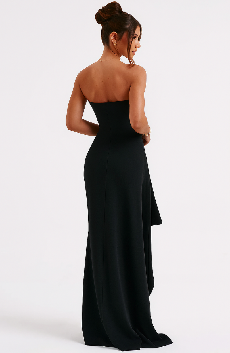 Women's Strapless Maxi Dress – Pleated Bodice Ruched High Slit Wedding Guest