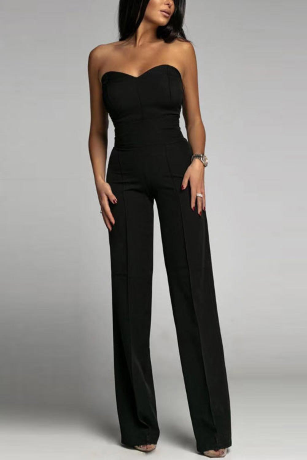 Women's Strapless Wide Leg Jumpsuit – Sweetheart Neck High Waist Evening