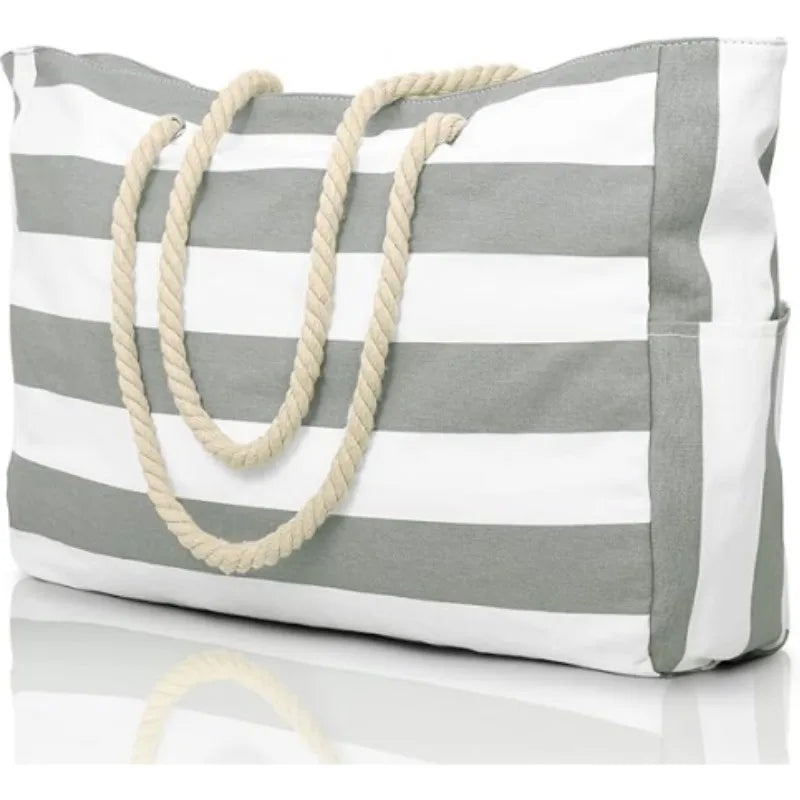 Women's Stripe Canvas Tote Bag – Rope Handle Zip Top Large Beach Summer
