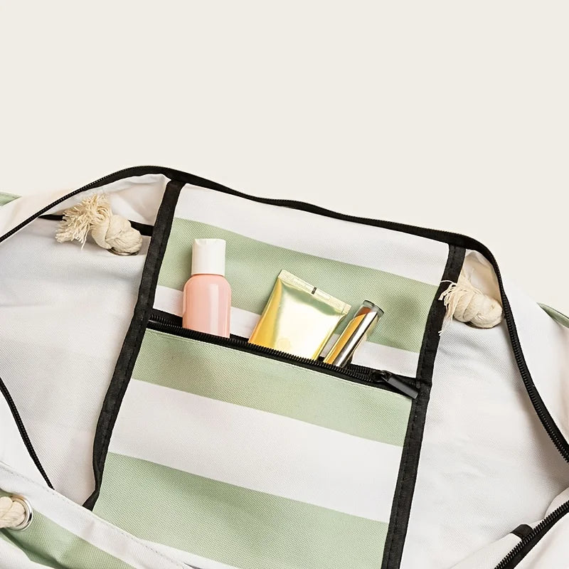 Women's Stripe Canvas Tote Bag – Rope Handle Zip Top Large Beach Summer