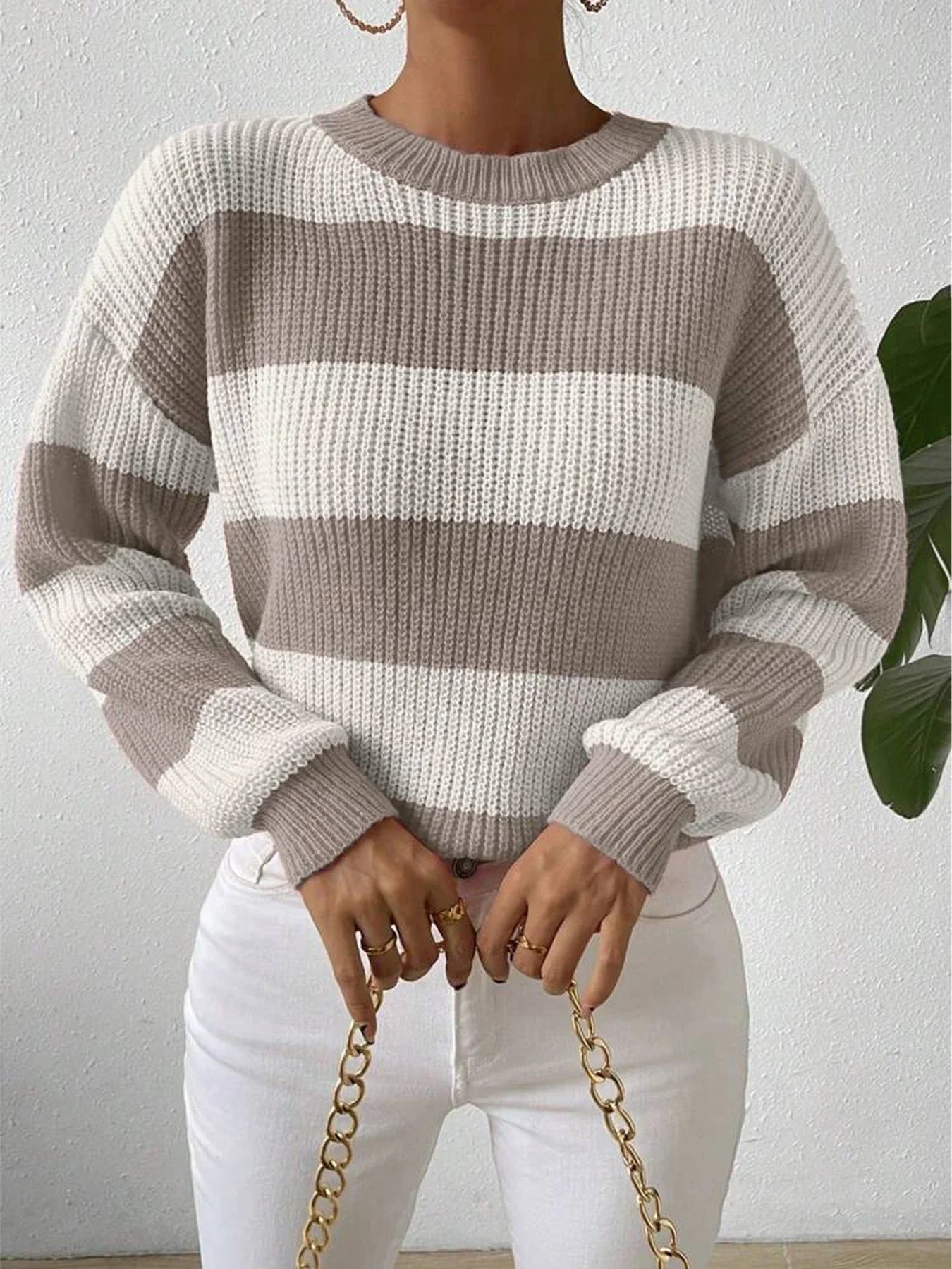 Women's Stripe Crew Neck Sweater – Long Sleeve Knit Pullover Everyday