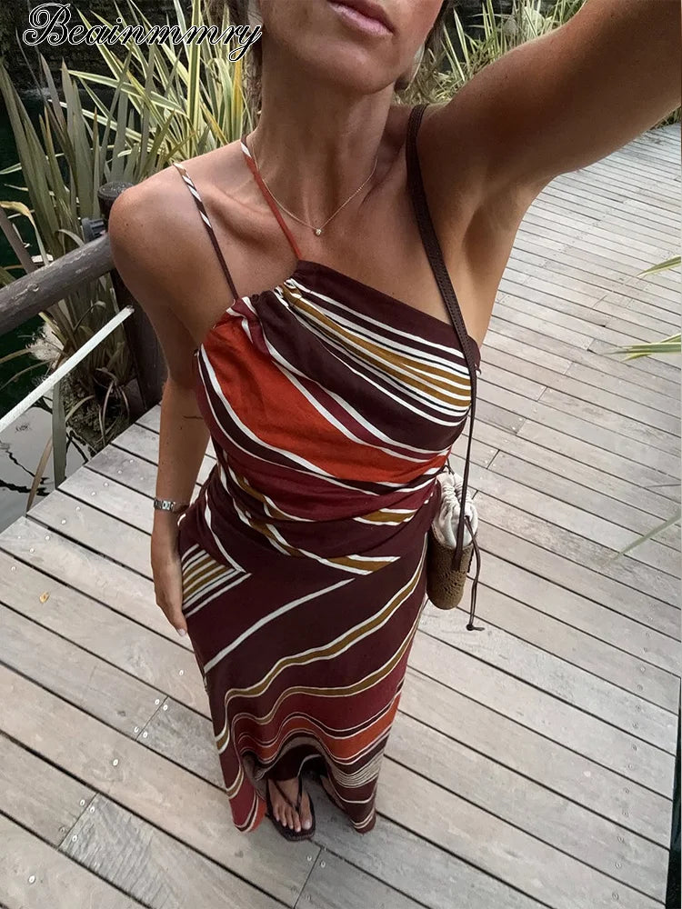 Women's Striped One Shoulder Maxi – Draped Bodice Wedding Guest Dress