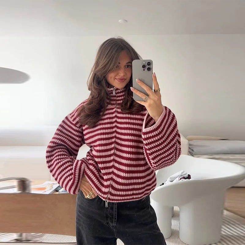 Women's Striped Ribbed Cardigan – Full Zip Turtleneck Oversized Knit Sweater