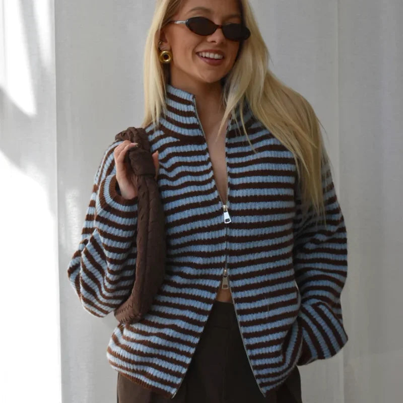 Women's Striped Ribbed Cardigan – Full Zip Turtleneck Oversized Knit Sweater