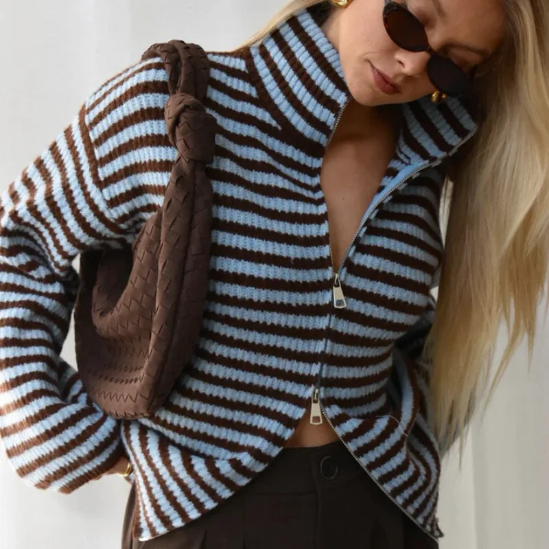 Women's Striped Ribbed Cardigan – Full Zip Turtleneck Oversized Knit Sweater