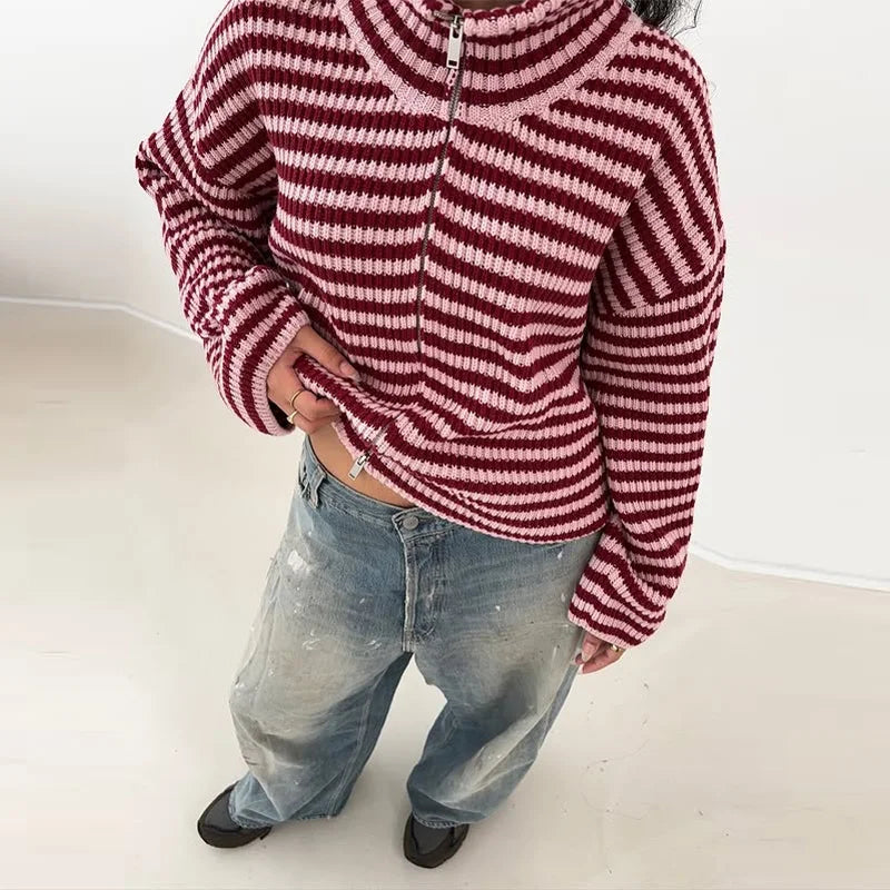 Women's Striped Ribbed Cardigan – Full Zip Turtleneck Oversized Knit Sweater