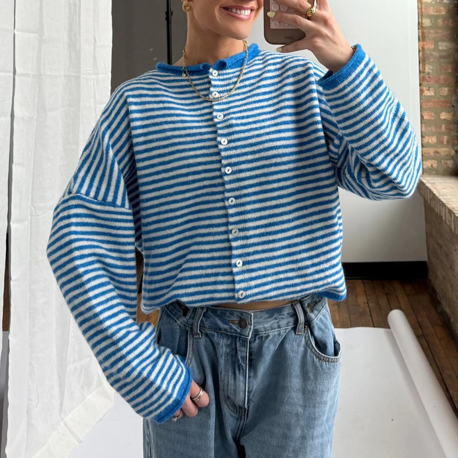 Women's Striped Round Neck Cardigan – Button Front Long Sleeve Knit Sweater