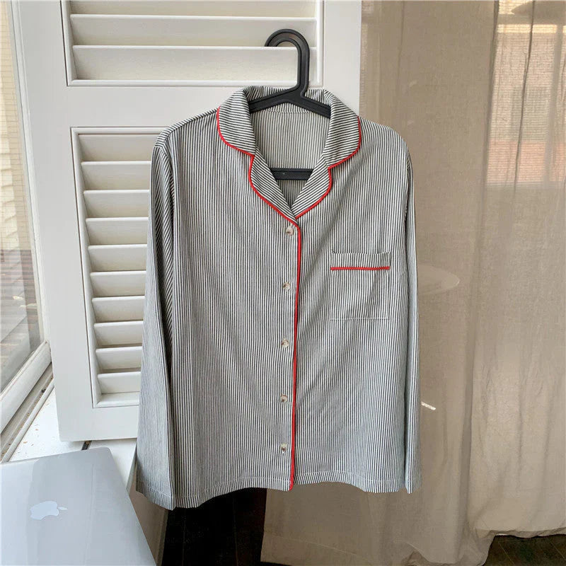 Women's Striped Two Piece Pajama Set – Notch Collar Button Front Nightwear