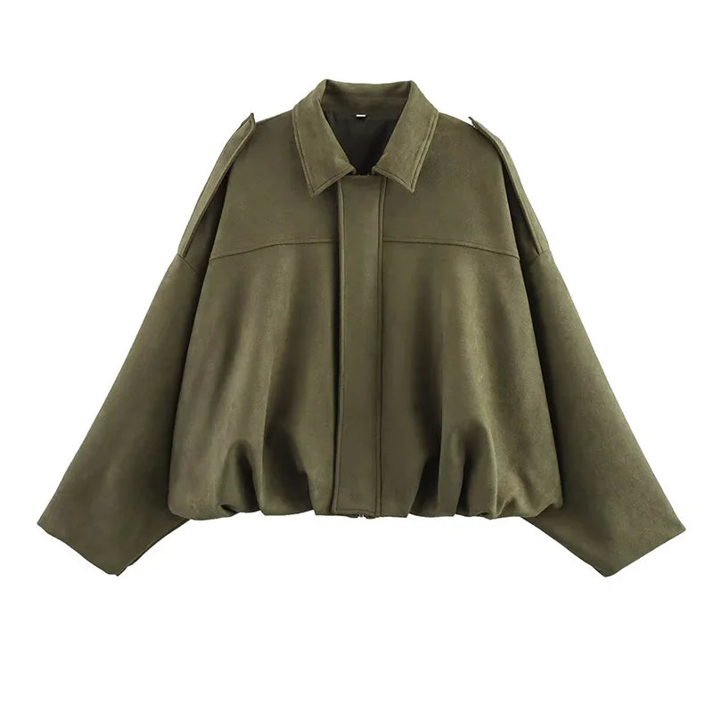 Women's Suede Cropped Bomber Jacket – Zip Front Point Collar Oversized