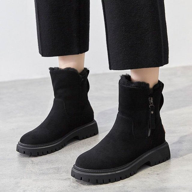 Women's Suede Flat Ankle Boots – Side Zip Plush Collar Lug Sole Winter