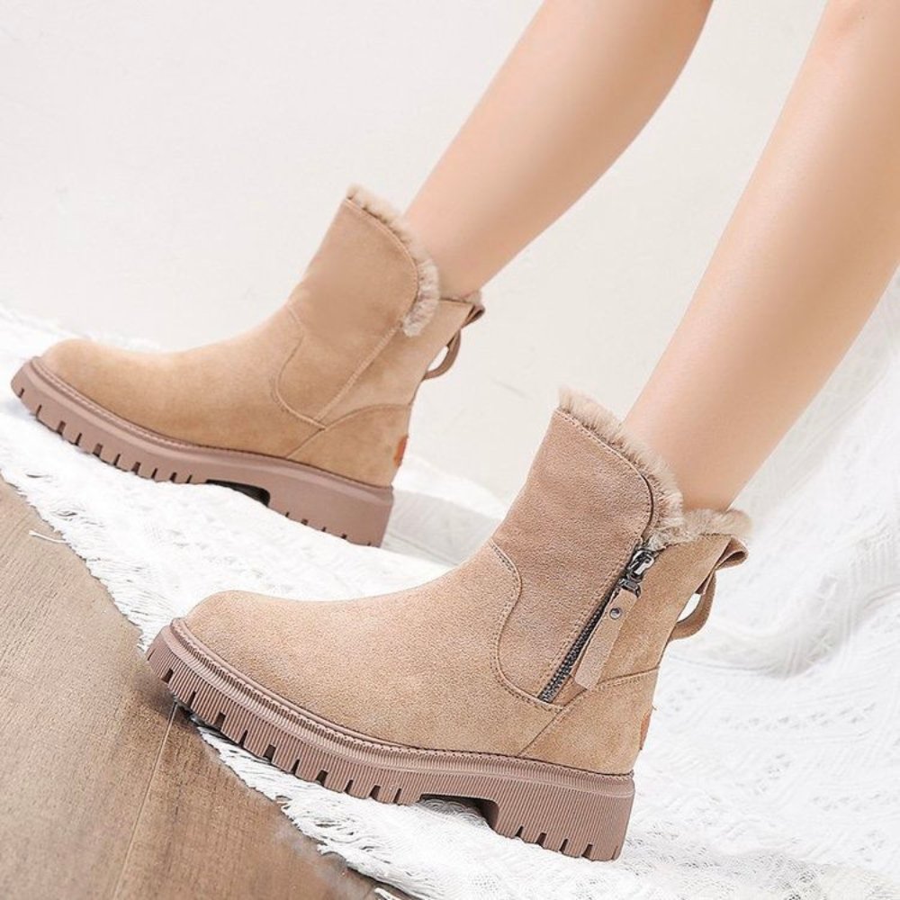 Women's Suede Flat Ankle Boots – Side Zip Plush Collar Lug Sole Winter