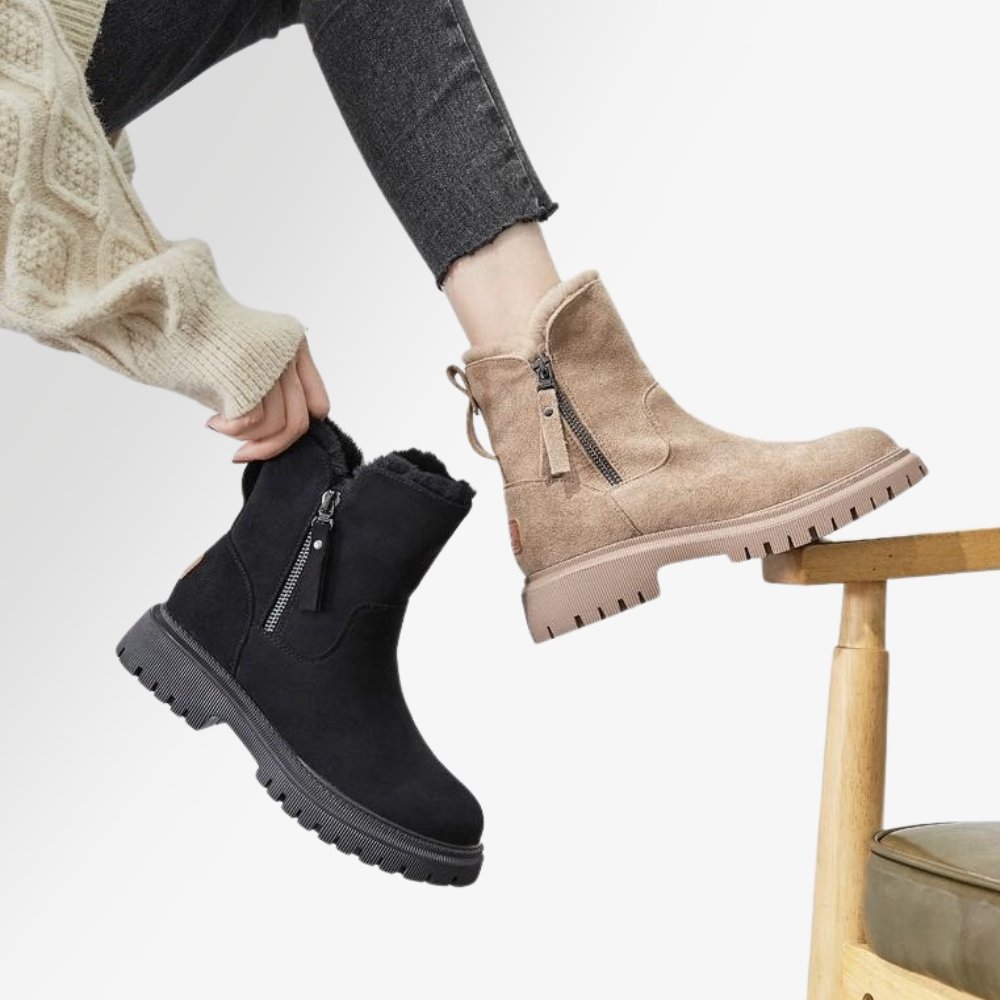 Women's Suede Flat Ankle Boots – Side Zip Plush Collar Lug Sole Winter