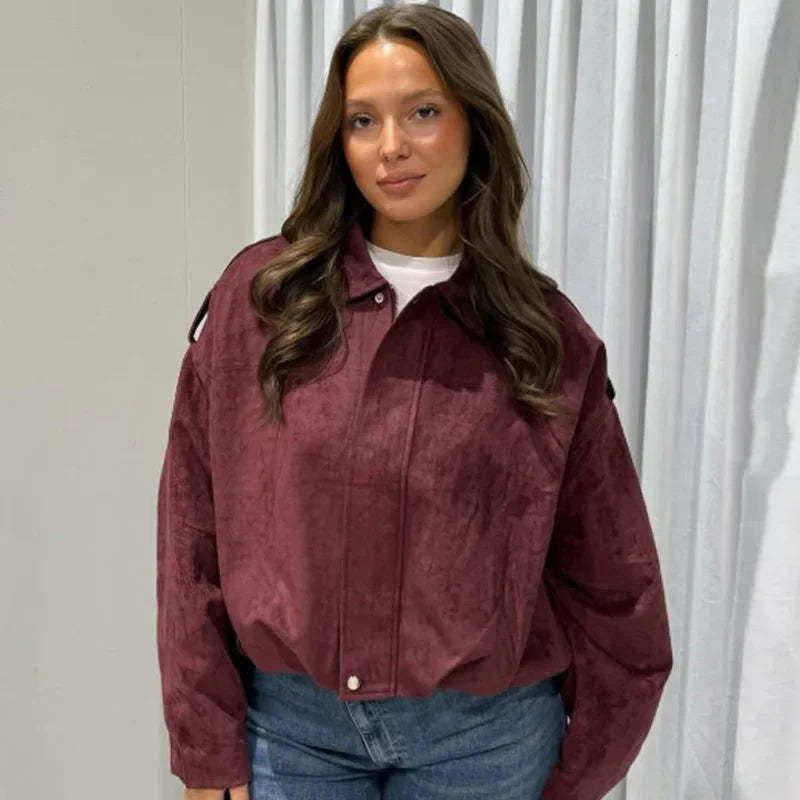 Women's Suede Oversized Bomber Jacket – Zip Front Point Collar Street
