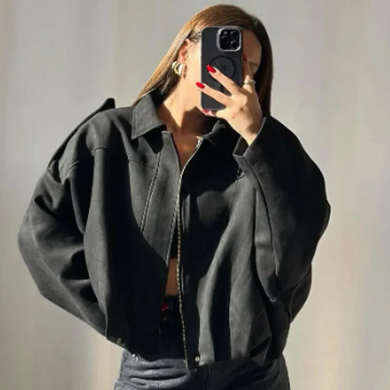 Women's Suede Oversized Bomber Jacket – Zip Front Point Collar Street