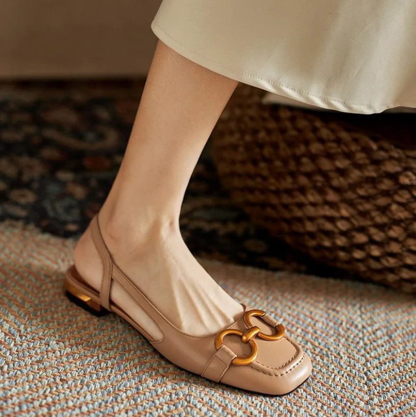 Women's Suede Slingback Loafer Heels – Round Toe Gold Horsebit Block Heel
