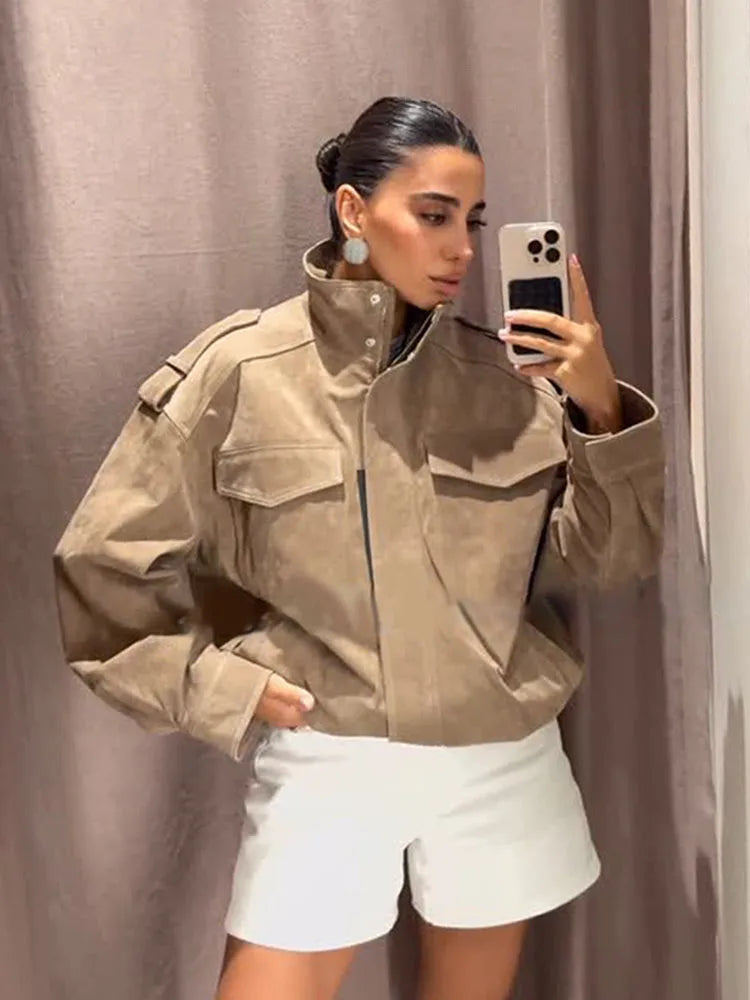 Women's Suede Utility Jacket – Stand Collar Zip Front Cargo Pocket