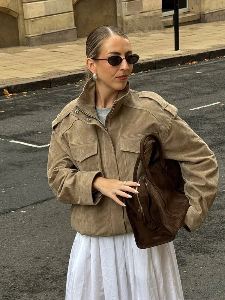 Women's Suede Utility Jacket – Stand Collar Zip Front Cargo Pocket